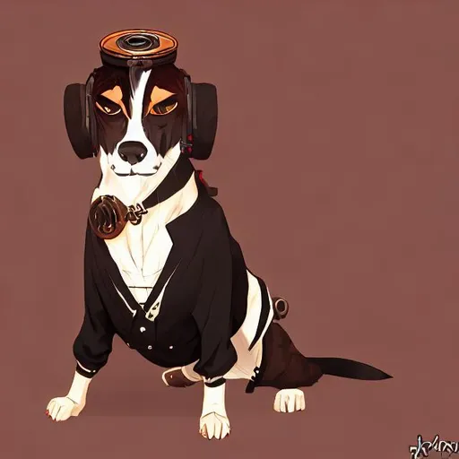 Prompt: black mountain cur dog dressed in yakuza outfit DJing