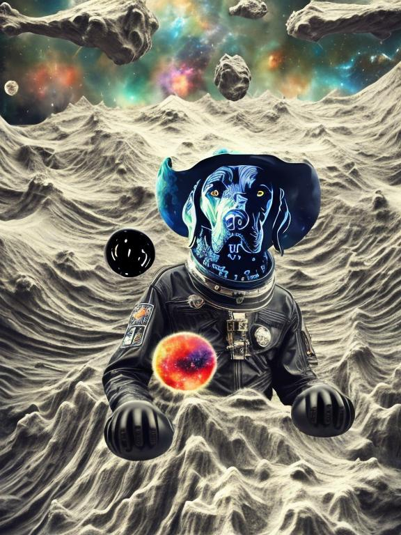 Prompt: Surrealism black dogs in gangster outfits in space, abstract art style, cowboy hat, fun atmosphere, floating celestial bodies, mysterious nebulae, dreamlike, surreal, high contrast, otherworldly, abstract, space, astronaut, fun atmosphere, celestial bodies, dreamlike, surreal, high contrast, mysterious, nebulae, dogs, usa, patriotic, trump