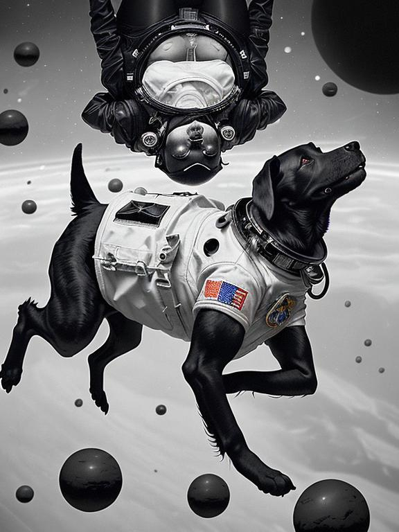 Prompt: Surrealism black dogs in astronaut outfits in space, abstract art style, eerie atmosphere, floating celestial bodies, mysterious nebulae, monochromatic palette, dreamlike, surreal, high contrast, otherworldly, abstract, space, astronaut, eerie atmosphere, celestial bodies, monochromatic, dreamlike, surreal, high contrast, mysterious, nebulae, dogs