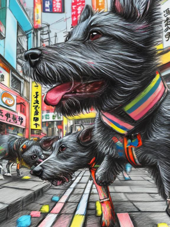 Prompt: pop art chalk pastel art of detailed dogs wearing clothes playing in the streets in japan during a festival, sketch, detailed background, highres, fun atmosphere, natural lighting,  abstract, fun