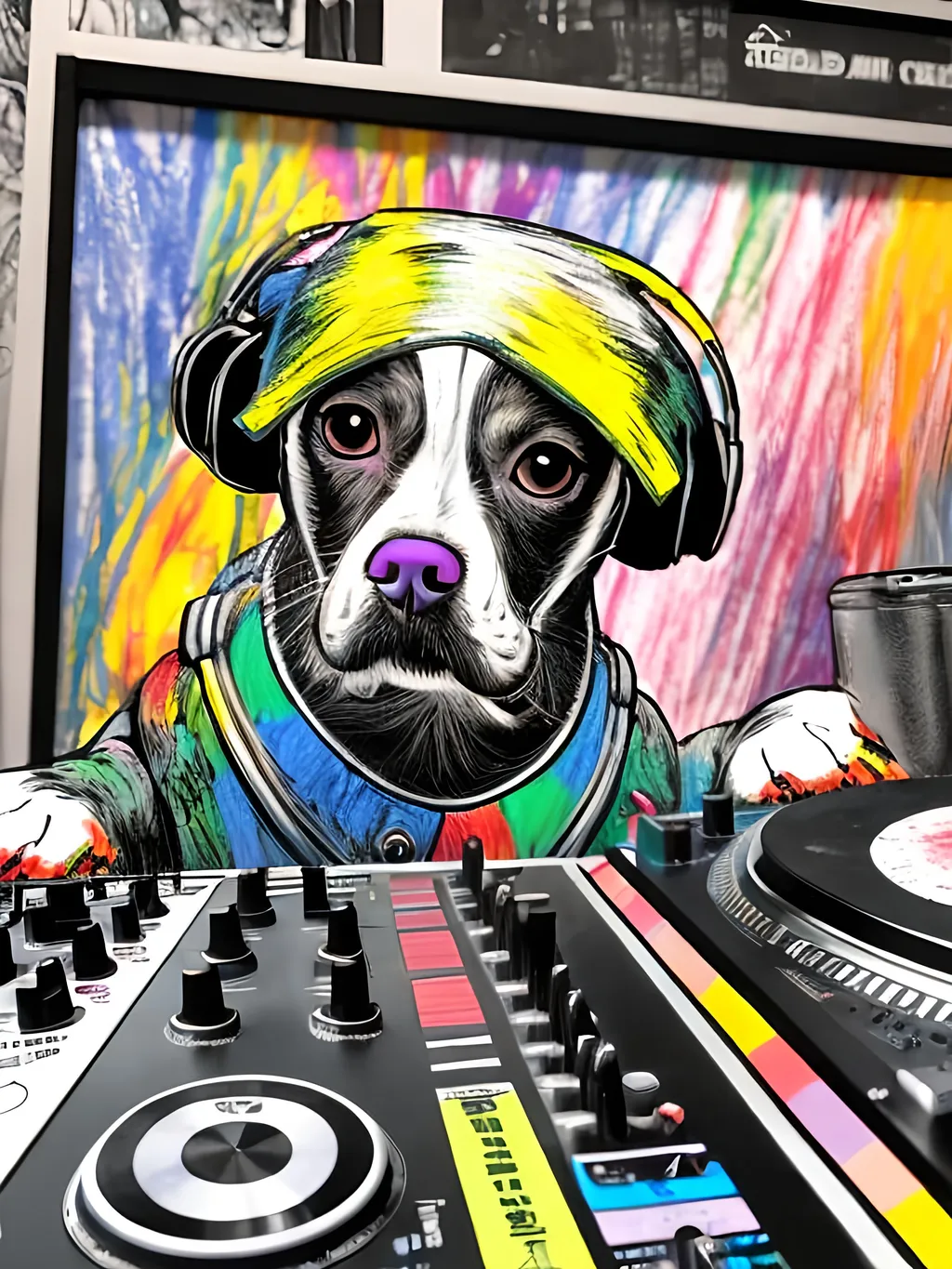 Prompt: pop art chalk pastel art of detailed dog DJing in Japan, sketch, detailed background, highres, fun atmosphere, natural lighting,  abstract, fun