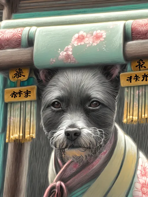 Prompt: chalk pastel style of a  detailed dog in a kimono at a shrine, sketch, detailed background, highres, fun atmosphere, natural lighting,  abstract, fun