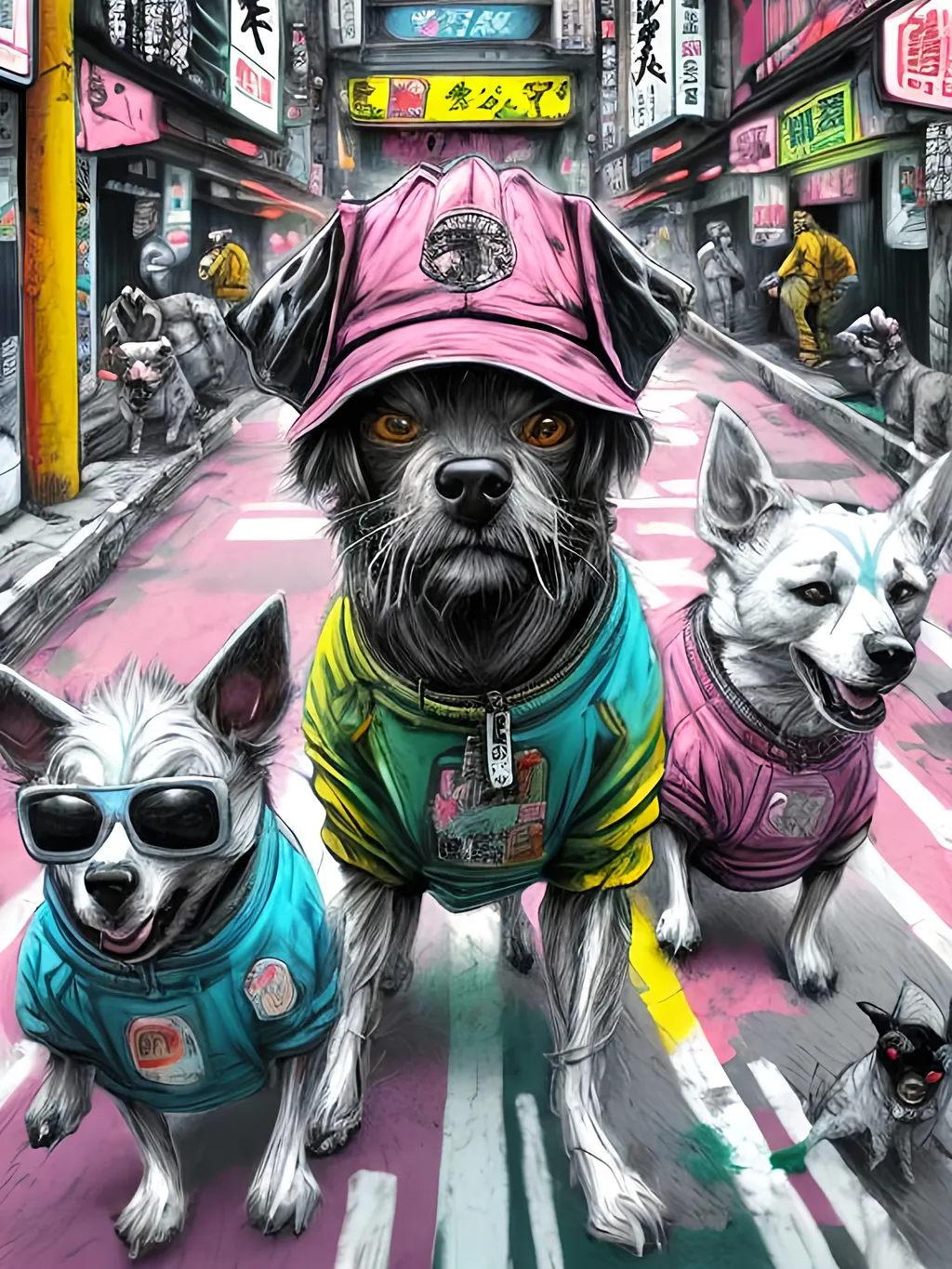 Prompt: pop art chalk pastel art of detailed dogs wearing gangster clothes playing in the streets in cyberpunk japan during a festival, sketch, detailed background, highres, fun atmosphere, natural lighting,  abstract, fun