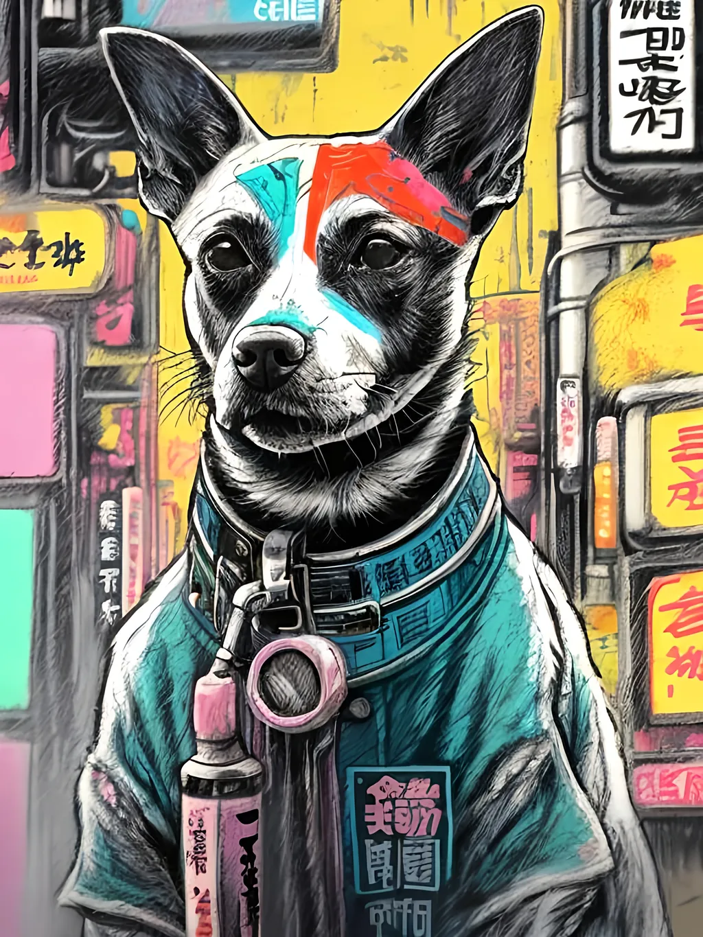 Prompt: pop art chalk pastel art of detailed dog smoking in cyberpunk japan during a festival, sketch, detailed background, highres, fun atmosphere, natural lighting,  abstract, fun