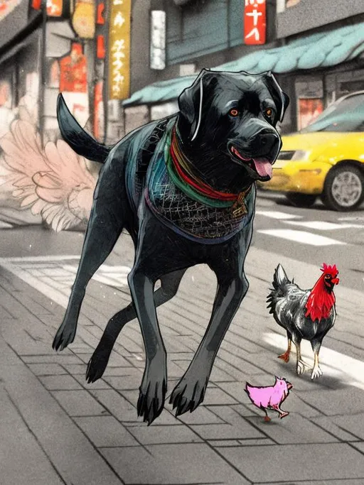 Prompt: a black dog wearing cool clothes chasing a chicken in the streets in japan, sketch, detailed background, highres, fun atmosphere, natural lighting, pastel colors, abstract, fun