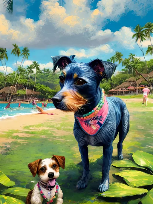 Prompt: chalk pastel style of a  detailed dog getting its hair braided in a Hawaiian shirt in Jamaica, sketch, detailed background, highres, fun atmosphere, natural lighting,  abstract, fun