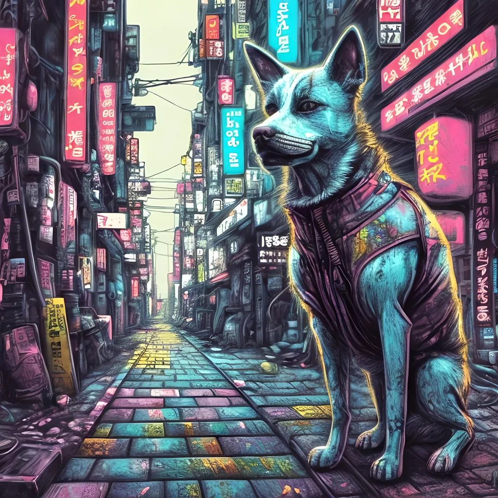 Prompt: pop art chalk pastel, a detailed grunge dog in the streets in cyberpunk japan, detailed background, natural lighting, highres, fun