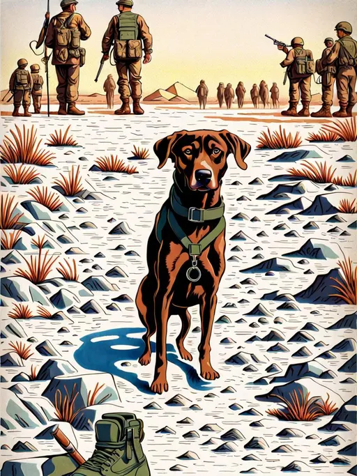 Prompt: black mountain cur dog in military gear in egypt 90s poster