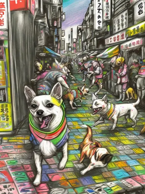 Prompt: pop art chalk pastel art of detailed dogs wearing clothes playing in the streets in japan during a festival, sketch, detailed background, highres, fun atmosphere, natural lighting,  abstract, fun