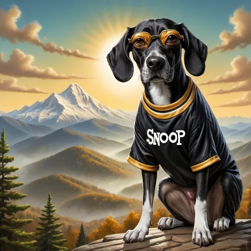 Prompt: Mountain cur black dog dressed like snoop dog art