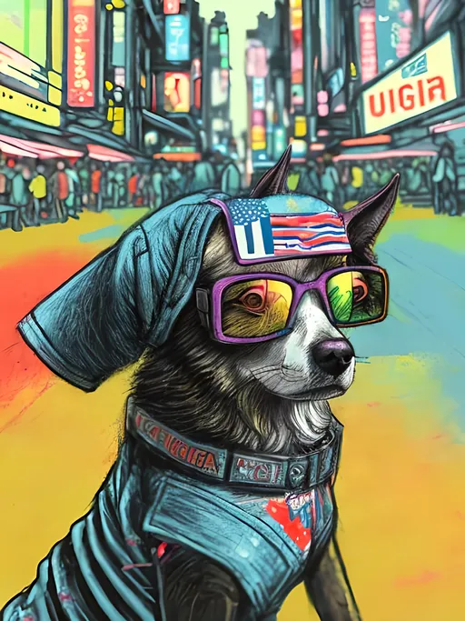 Prompt: pop art chalk pastel art of detailed dog wearing USA clothes playing in the streets in cyberpunk japan during a festival, sketch, detailed background, highres, fun atmosphere, natural lighting,  abstract, fun