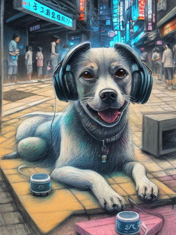 Prompt: chalk pastel art of a detailed dog listening to music on the streets in cyberpunk japan during a festival with planes in the background, sketch, detailed background, highres, fun atmosphere, natural lighting,  abstract, fun