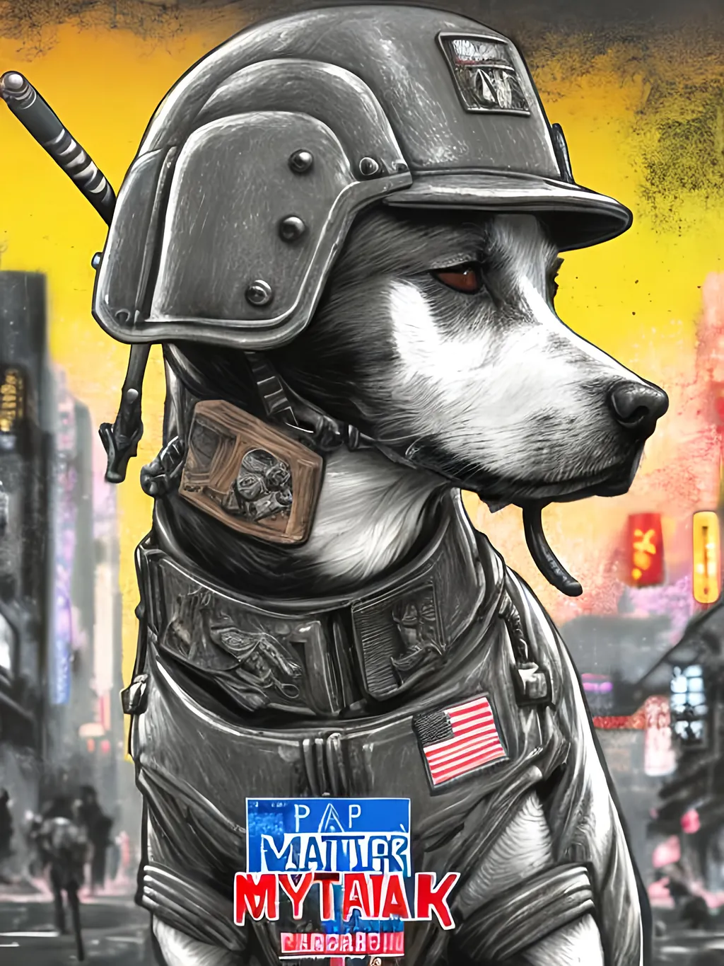 Prompt: pop art chalk pastel art of detailed dog wearing military uniforms<mymodel> playing in the streets in cyberpunk japan during a festival, sketch, detailed background, highres, fun atmosphere, natural lighting,  abstract, fun