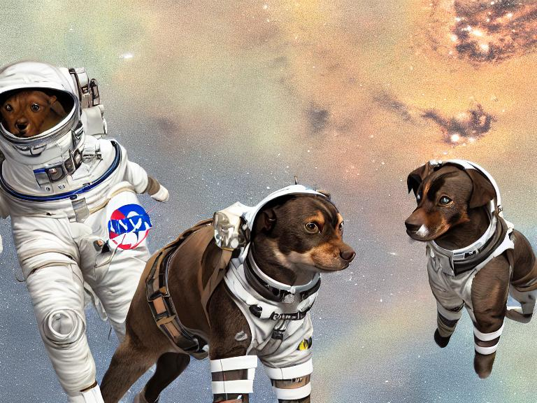 Prompt: black mountain cur dogs in space dressed in nasa uniforms