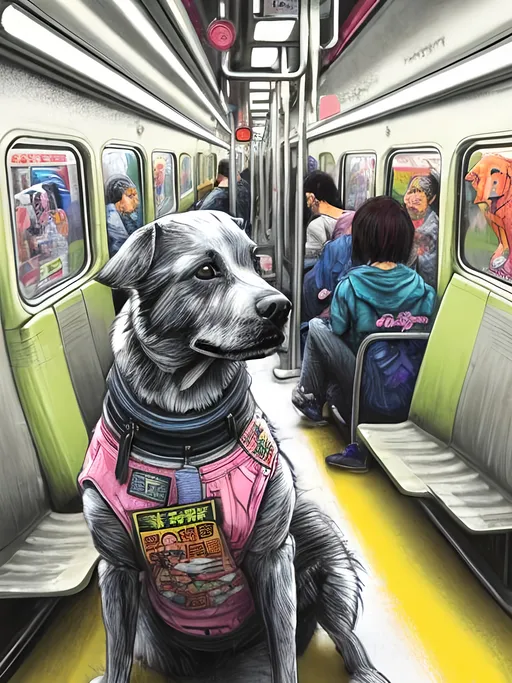 Prompt: pop art chalk pastel art of detailed dog on a train in cyberpunk japan during a festival, sketch, detailed background, highres, fun atmosphere, natural lighting,  abstract, fun