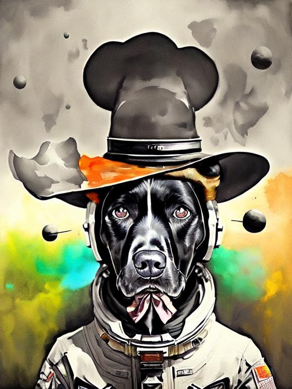 Prompt: Surrealism black dogs in cowboy outfits in space, abstract art style, cowboy hat, eerie atmosphere, floating celestial bodies, mysterious nebulae, dreamlike, surreal, high contrast, otherworldly, abstract, space, astronaut, fun atmosphere, celestial bodies, dreamlike, surreal, high contrast, mysterious, nebulae, dogs