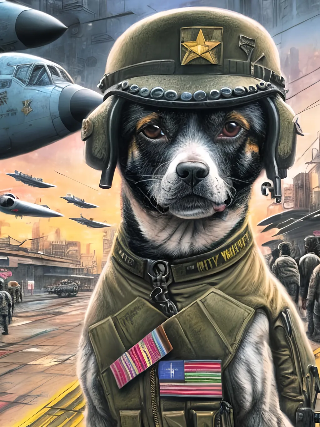 Prompt: chalk pastel art of a detailed dog wearing a military uniform on the streets in cyberpunk japan during a festival with planes in the background, sketch, detailed background, highres, fun atmosphere, natural lighting,  abstract, fun