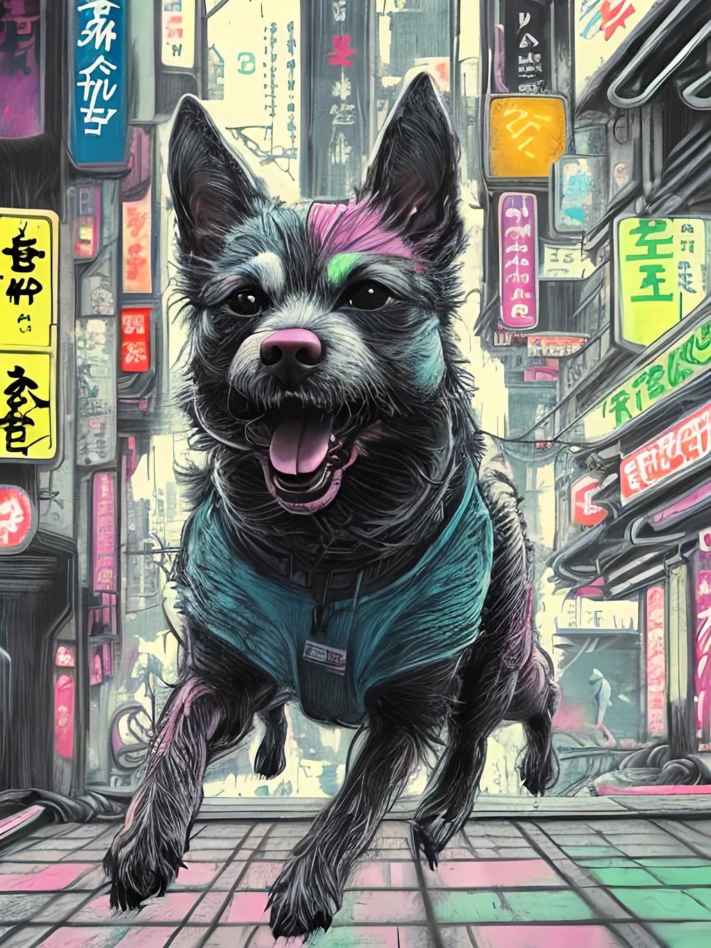 Prompt: pop art chalk pastel art of detailed dog doing parkour in cyberpunk japan during a festival, sketch, detailed background, highres, fun atmosphere, natural lighting,  abstract, fun