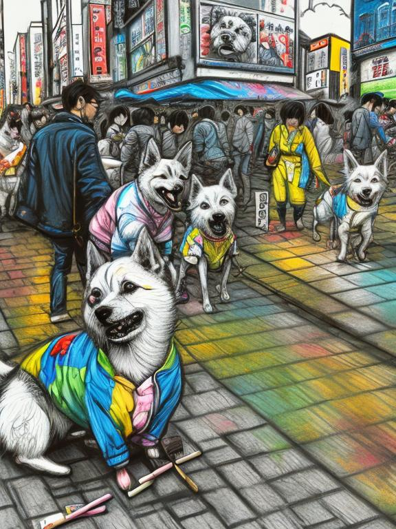 Prompt: pop art chalk pastel art of detailed dogs wearing clothes playing in the streets in japan during a festival, sketch, detailed background, highres, fun atmosphere, natural lighting,  abstract, fun