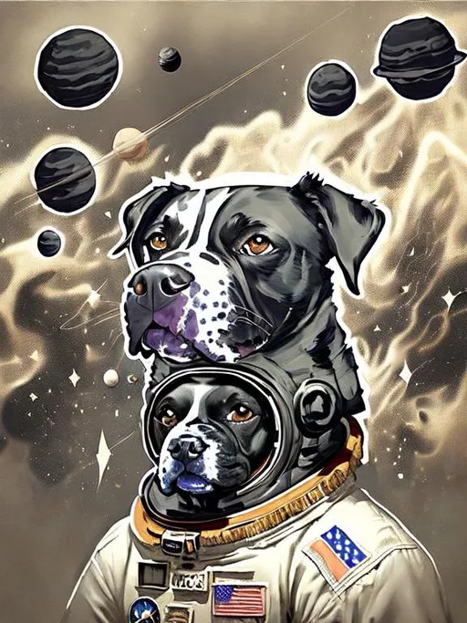 Prompt: Surrealism black dogs in trump outfits in space, abstract art style, cowboy hat, fun atmosphere, floating celestial bodies, mysterious nebulae, dreamlike, surreal, high contrast, otherworldly, abstract, space, astronaut, fun atmosphere, celestial bodies, dreamlike, surreal, high contrast, mysterious, nebulae, dogs, usa