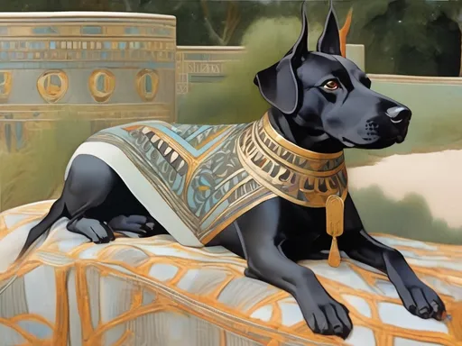 Prompt: Art Nouveau style black dog in egyptian clothing