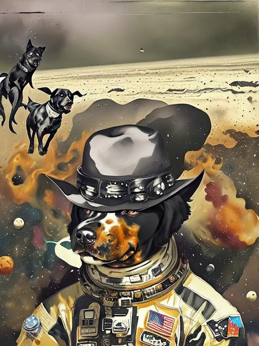 Prompt: Surrealism black dogs in cowboy outfits in space, abstract art style, cowboy hat, fun atmosphere, floating celestial bodies, mysterious nebulae, dreamlike, surreal, high contrast, otherworldly, abstract, space, astronaut, fun atmosphere, celestial bodies, dreamlike, surreal, high contrast, mysterious, nebulae, dogs, Pro trump clothing