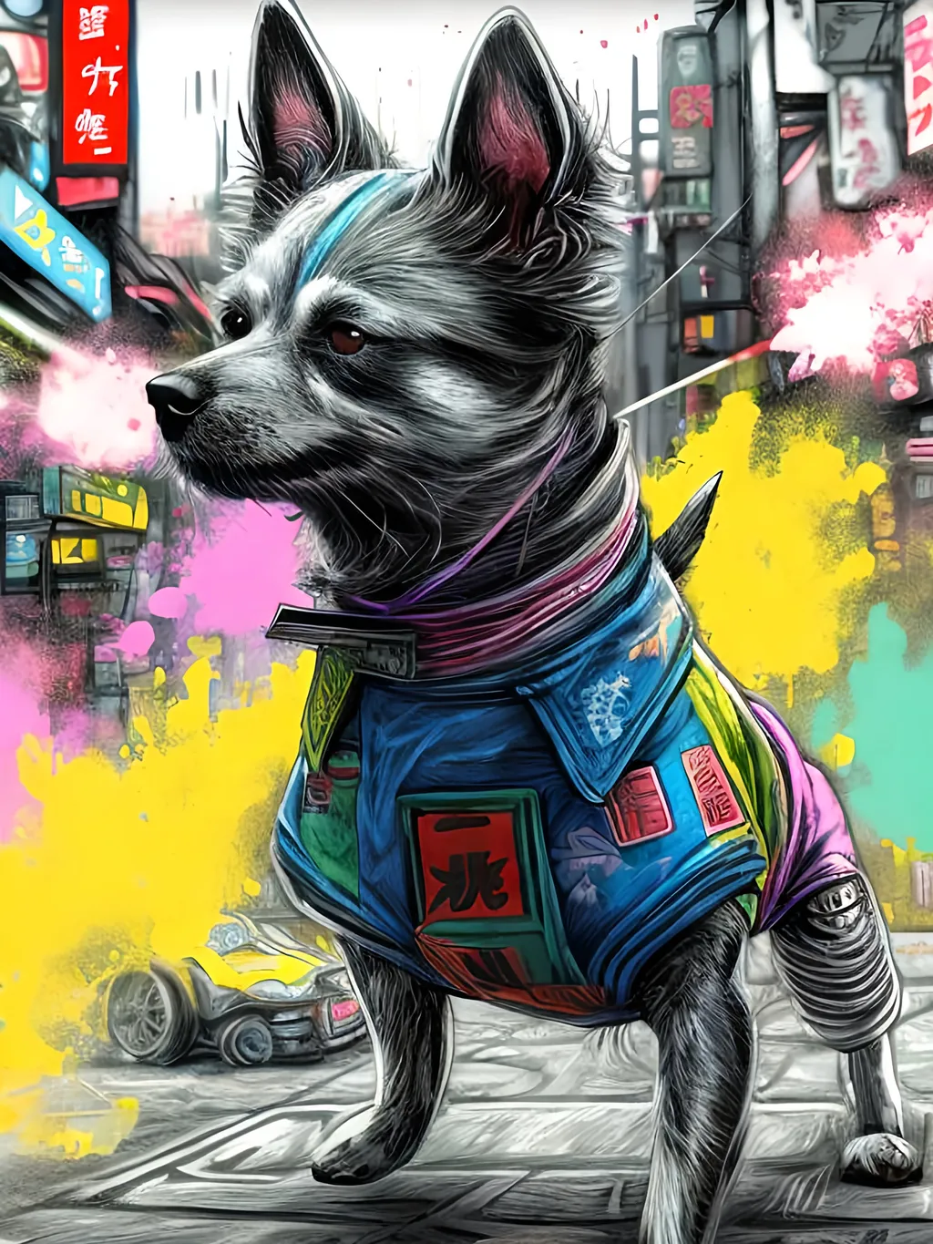 Prompt: pop art chalk pastel art of detailed dog wearing ninja clothes playing in the streets in cyberpunk japan during a festival, sketch, detailed background, highres, fun atmosphere, natural lighting,  abstract, fun