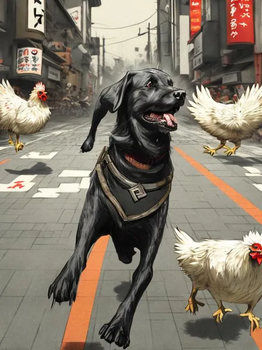 Prompt: a black dog wearing a nazi uniform chasing a chicken in the streets in japan, sketch, detailed background, highres, fun atmosphere, natural lighting, pastel colors, abstract, fun