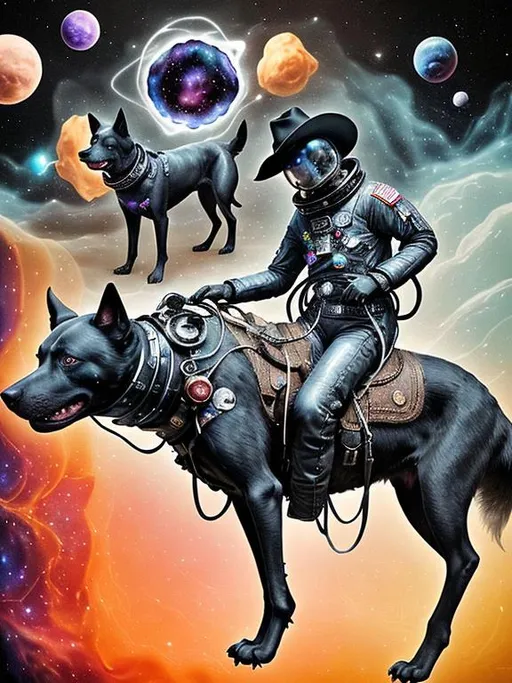 Prompt: Surrealism black dogs in cowboy outfits in space, abstract art style, cowboy hat, eerie atmosphere, floating celestial bodies, mysterious nebulae, dreamlike, surreal, high contrast, otherworldly, abstract, space, astronaut, eerie atmosphere, celestial bodies, dreamlike, surreal, high contrast, mysterious, nebulae, dogs