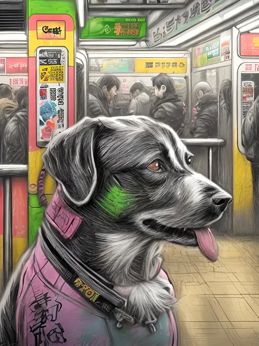 Prompt: pop art chalk pastel art of detailed dog at a subway in cyberpunk japan, sketch, detailed background, highres, fun atmosphere, natural lighting,  abstract, fun