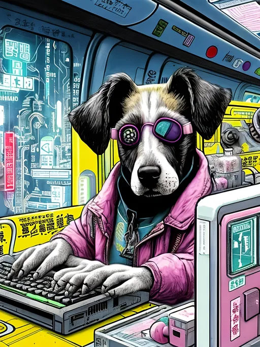 Prompt: pop art chalk pastel art of a detailed dog hacking a computer on the subway train in cyberpunk japan with planes in the background, sketch, detailed background, highres, fun atmosphere, natural lighting,  abstract, fun