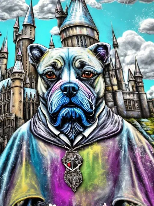 Prompt: pop art chalk pastel style art of detailed dog at hogwarts dressed in wizard robes, sketch, detailed background, highres, fun atmosphere, natural lighting,  abstract, fun