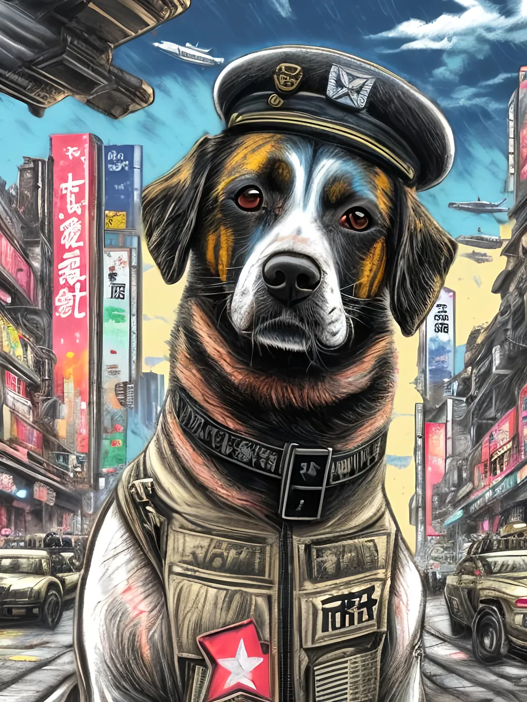 Prompt: pop art chalk pastel art of a detailed dog wearing a military uniform on the streets in cyberpunk japan during a festival with planes in the background, sketch, detailed background, highres, fun atmosphere, natural lighting,  abstract, fun