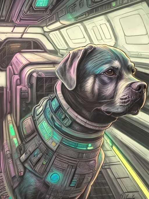 Prompt: chalk pastel style of a  detailed dog in a cyberpunk spaceship, sketch, detailed background, highres, fun atmosphere, natural lighting,  abstract, fun