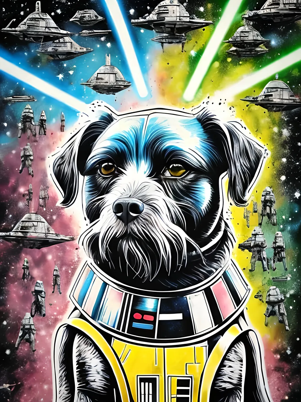 Prompt: pop art chalk pastel style art of detailed dog in star wars, sketch, detailed background, highres, fun atmosphere, natural lighting,  abstract, fun