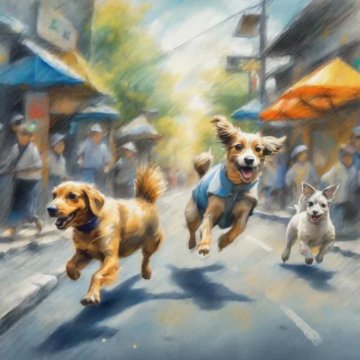 Prompt: chalk pastel art of dogs wearing clothes chasing a chicken in the streets in japan, sketch, detailed background, highres, fun atmosphere, natural lighting, pastel colors, abstract, fun