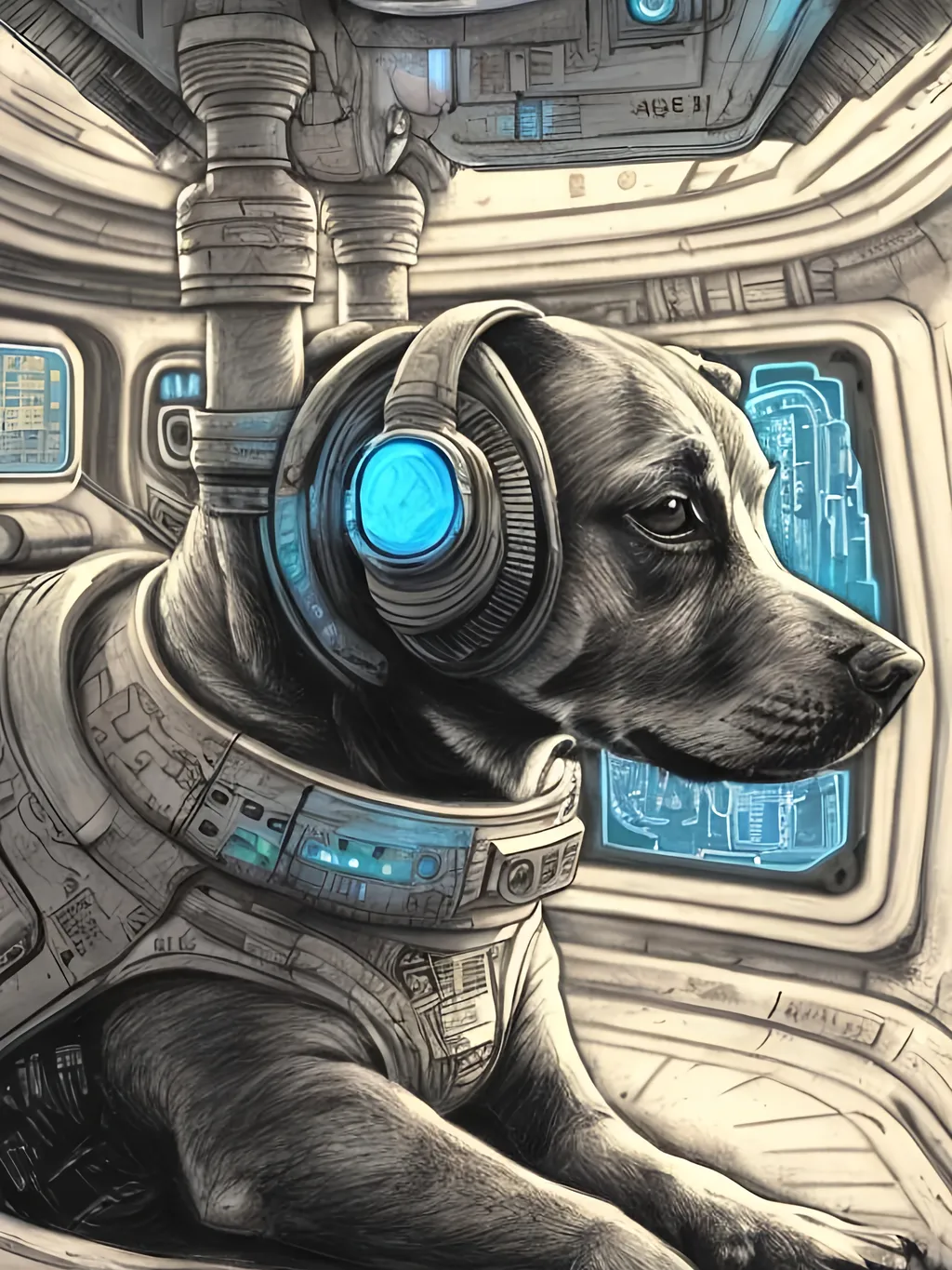 Prompt: chalk pastel style of a  detailed dog in a cyberpunk spaceship, sketch, detailed background, highres, fun atmosphere, natural lighting,  abstract, fun