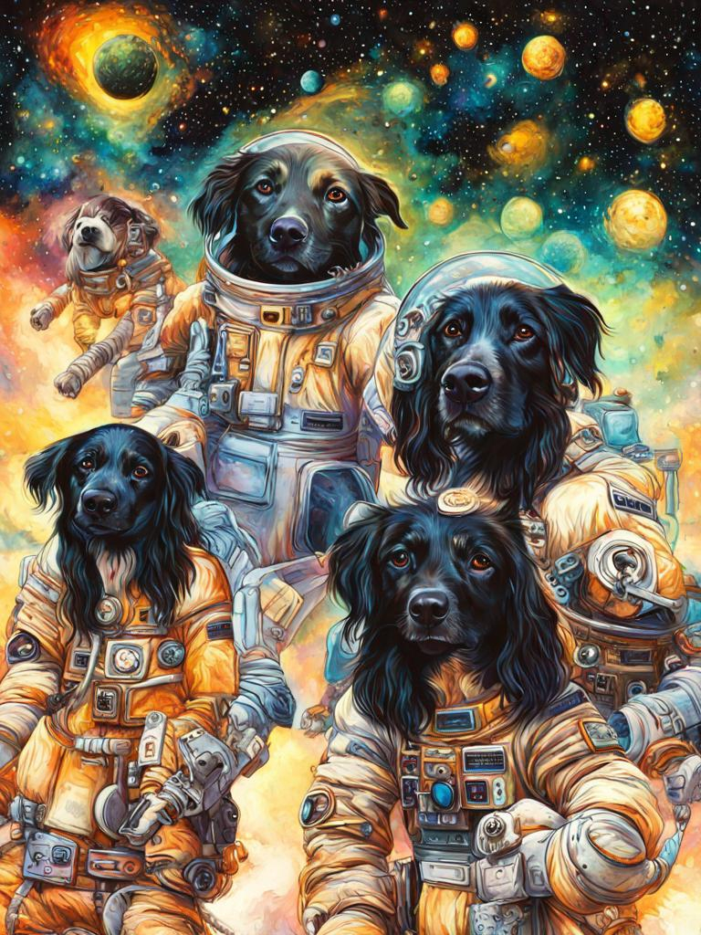 Prompt: Surrealism art, black dogs in astronaut outfits, space background, surrealistic, abstract, detailed fur, cosmic colors, dreamlike atmosphere, high quality, surrealism, astronaut dogs, abstract art, cosmic, detailed, surreal colors, space setting, dreamy lighting