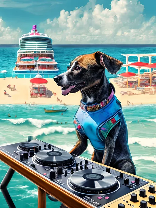 Prompt: chalk pastel style of a  detailed dog DJing on a cruise in Cancun, sketch, detailed background, highres, fun atmosphere, natural lighting,  abstract, fun