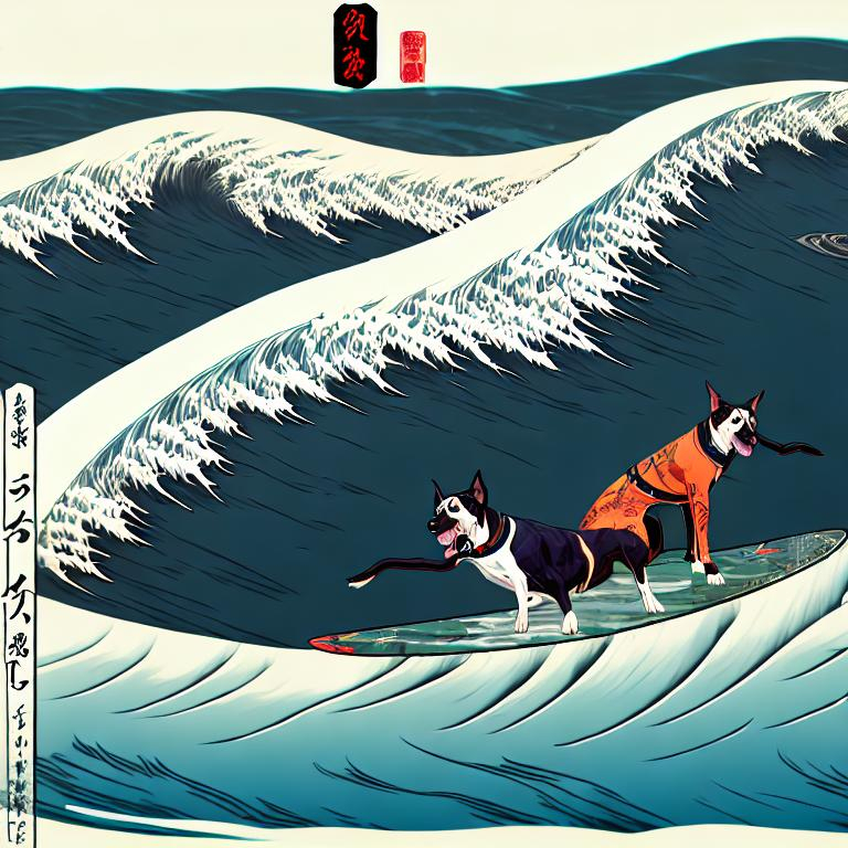 Prompt: black mountain cur dogs surfing in hiroshige wave wearing pro trump clothes