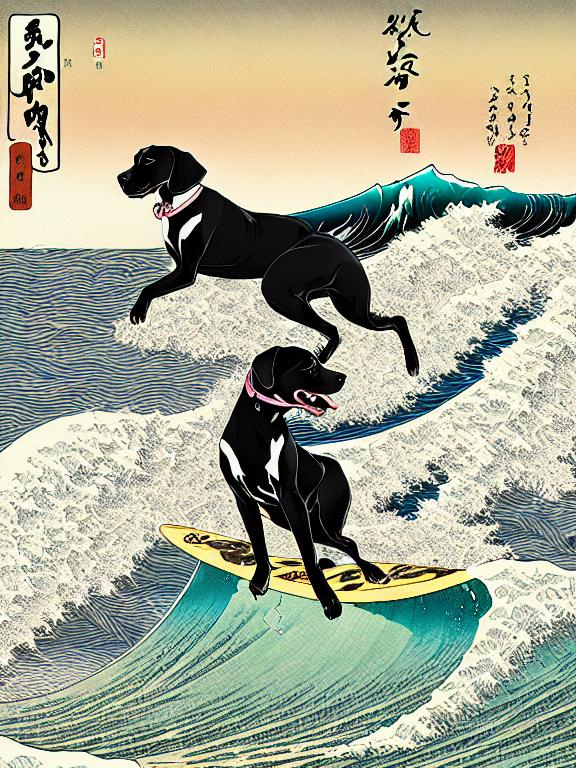 Prompt: black mountain cur dogs surfing in hiroshige wave 