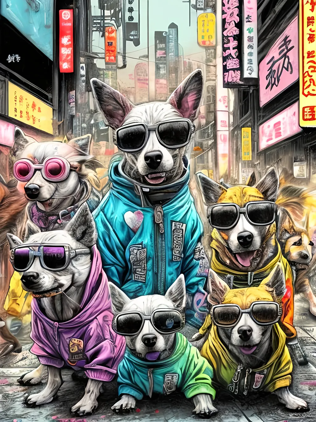 Prompt: pop art chalk pastel art of detailed dogs wearing gangster clothes playing in the streets in cyberpunk japan during a festival, sketch, detailed background, highres, fun atmosphere, natural lighting,  abstract, fun