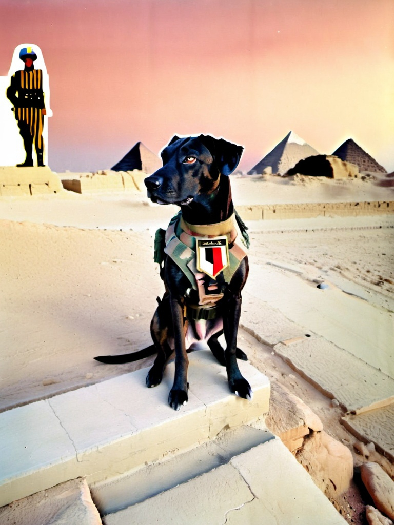 Prompt: black mountain cur dog in military gear in egypt 90s poster