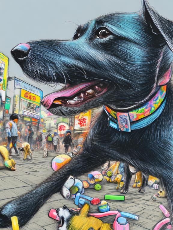 Prompt: pop art chalk pastel art of detailed dogs wearing clothes playing in the streets in japan during a festival, sketch, detailed background, highres, fun atmosphere, natural lighting,  abstract, fun