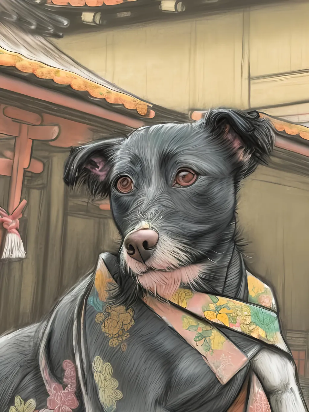 Prompt: chalk pastel style of a  detailed dog in a kimono at a shrine, sketch, detailed background, highres, fun atmosphere, natural lighting,  abstract, fun