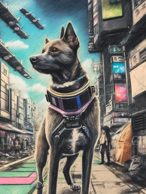 Prompt: chalk pastel art of a detailed dog with a polaroid camera on the streets in post-apocalyptic Japan during a festival with planes in the background, sketch, detailed background, highres, fun atmosphere, natural lighting,  abstract, fun