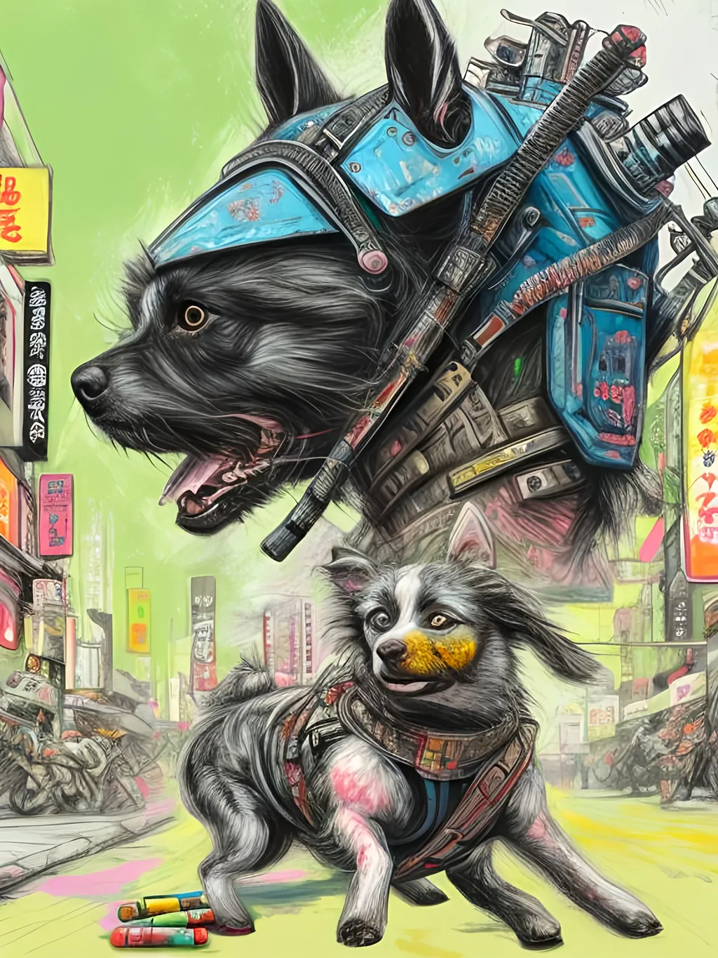 Prompt: pop art chalk pastel art of detailed dogs wearing ninja clothes playing in the streets in cyberpunk japan during a festival, sketch, detailed background, highres, fun atmosphere, natural lighting,  abstract, fun