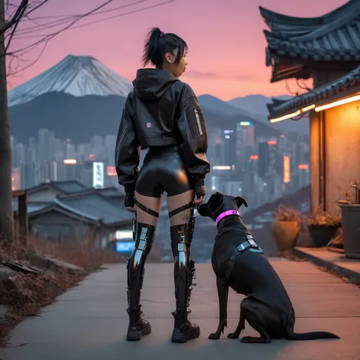 Prompt: sunset cyberpunk with mountain cur black dog no tail and korean girl