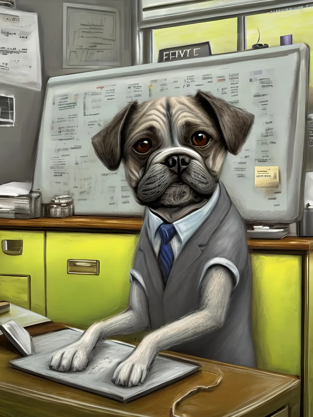 Prompt: chalk pastel style of a  detailed dog typing at a desk in an office, sketch, detailed background, highres, fun atmosphere, natural lighting,  abstract, fun