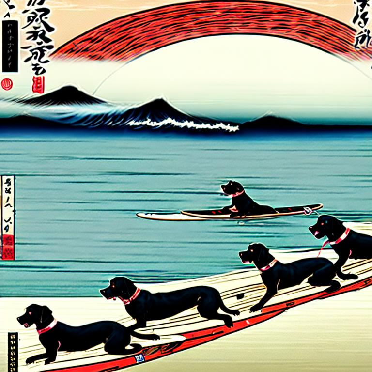 Prompt: black mountain cur dogs surfing in hiroshige wearing pro trump clothes